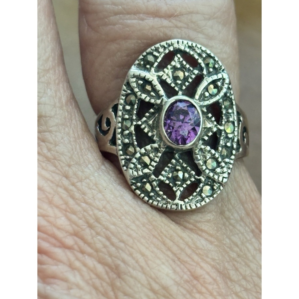 VINTAGE AMETHYST W/ MARCASITE ORNATE OPEN WORK STERLING SILVER 925 RING Sz 7.75 - Picture 7 of 8